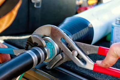 Technician repairing an industrial pipe connection in Port Hueneme