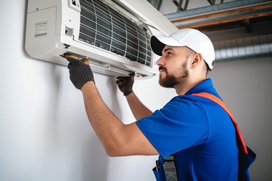 HVAC technician installing a mini split air conditioner in Port Hueneme