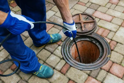 Plumber cleaning an outdoor sewer drain in Port Hueneme