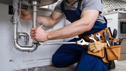 Plumber repairing pipes beneath a sink in Port Hueneme